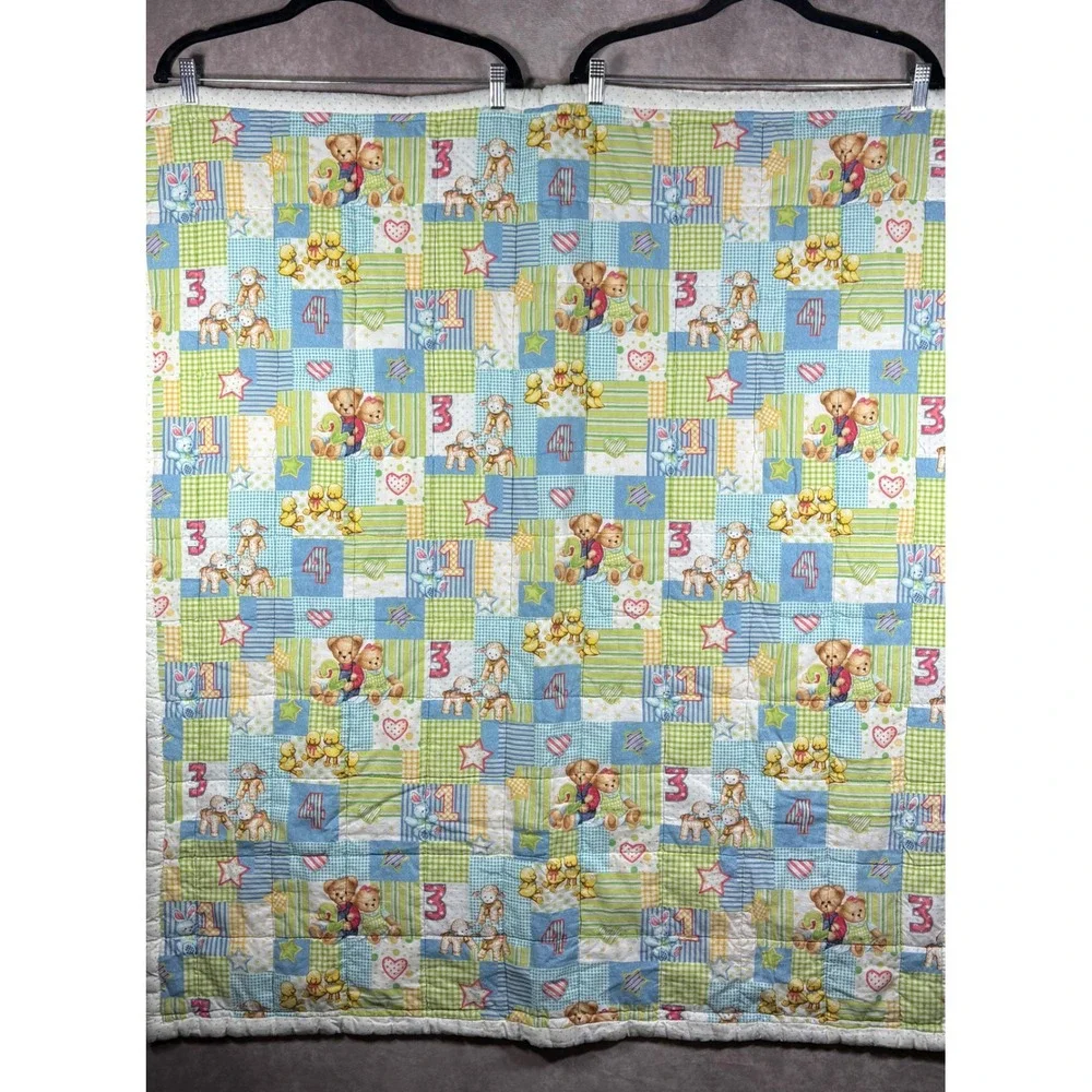 Vintage Baby Quilt Pastel Animals Duck Bunny Lamb Hand Quilted 40x44 Nursery